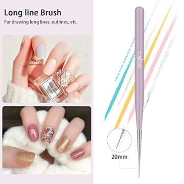 TEOYALL 5 PCS Nail Art Liner Brushes, Sizes 5/7/9/11/20mm Nail Gel Painting Design Tools Nail Fine Drawing Pens for Long Striping, Detail Pattern