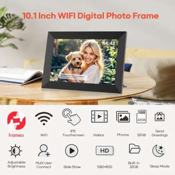 Frameo 10.1 Inch WiFi Digital Picture Frame with 32GB Memory, 1280 x 800 IPS Touch Screen Smart Electronic Photo Frame, Wall Mountable, Auto-Rotate, Share Photos/Videos Via Frameo App from Anywhere