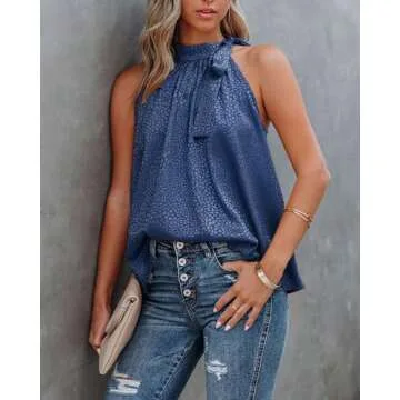 BTFBM Women Sleeveless Tie Mock Neck Summer Tops Loose Casual Side Bow Satin Halter Tank Top Blouse Shirts(Halter Navy, XX-Large)