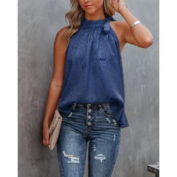 BTFBM Women Sleeveless Tie Mock Neck Summer Tops Loose Casual Side Bow Satin Halter Tank Top Blouse Shirts(Halter Navy, XX-Large)