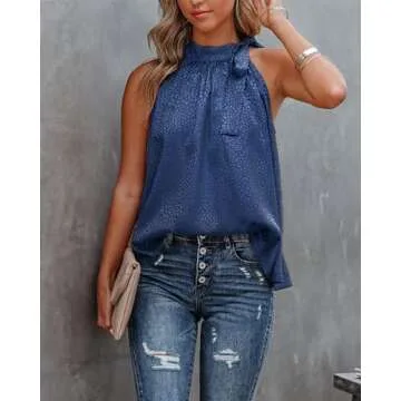 BTFBM Women Sleeveless Tie Mock Neck Summer Tops Loose Casual Side Bow Satin Halter Tank Top Blouse Shirts(Halter Navy, XX-Large)