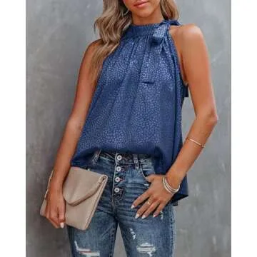 BTFBM Women Sleeveless Tie Mock Neck Summer Tops Loose Casual Side Bow Satin Halter Tank Top Blouse Shirts(Halter Navy, XX-Large)
