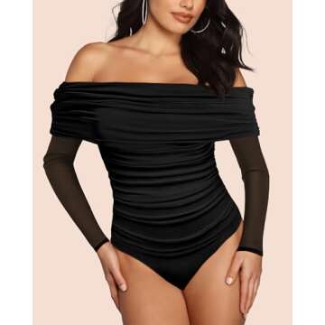 SAUNGKUAI Women's Off The Shoulder Long Sleeve Bodysuit - Sexy Slimming Sheer Mesh Ruched Top