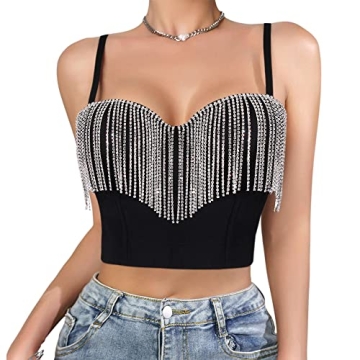 Erinaco Women's Bright Diamonds Tank Top Tassel Beaded Corset Bra Vest Crop Top Sexy Cami