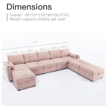 WOTSTA Modular Sectional Sofa Couch with Large Storage, Convertible U Shaped Sofa with USB Ports & Cup Holders, Deep Seat Couch with Wide Chaise, 8 Seat Sectional Couches for Living Room (Pink)