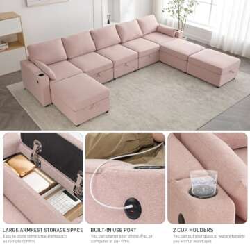 WOTSTA Modular Sectional Sofa Couch with Large Storage, Convertible U Shaped Sofa with USB Ports & Cup Holders, Deep Seat Couch with Wide Chaise, 8 Seat Sectional Couches for Living Room (Pink)