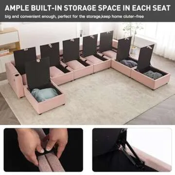 WOTSTA Modular Sectional Sofa Couch with Large Storage, Convertible U Shaped Sofa with USB Ports & Cup Holders, Deep Seat Couch with Wide Chaise, 8 Seat Sectional Couches for Living Room (Pink)