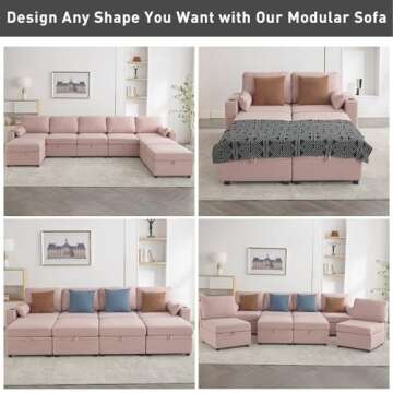 WOTSTA Modular Sectional Sofa Couch with Large Storage, Convertible U Shaped Sofa with USB Ports & Cup Holders, Deep Seat Couch with Wide Chaise, 8 Seat Sectional Couches for Living Room (Pink)