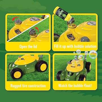 John Deere Bubble Lawn Mower for Toddlers, Bubble Blowing Machines, Indoor and Outdoor Gardening Toy, Birthday, Party Favor for Preschool Girls and Boys, No Batteries Required, 2+