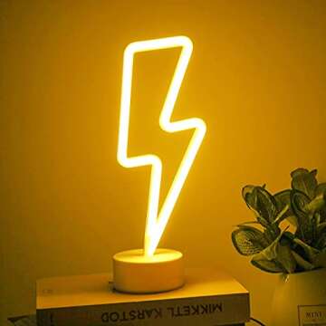 Momkids Warm White Lightning Bolt Neon Lights Led Neon Signs Wall Decorations for Bedroom with Holder Desk Lamp LED Sign USB or Battery Operated Christmas lights for Kids Room Gifts Home Table Decor
