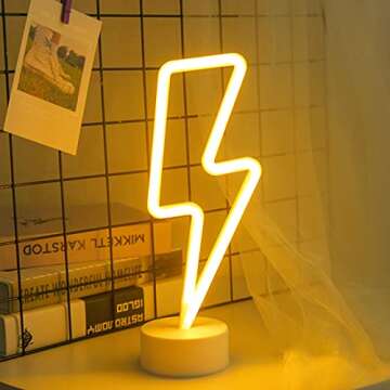 Momkids Warm White Lightning Bolt Neon Lights Led Neon Signs Wall Decorations for Bedroom with Holder Desk Lamp LED Sign USB or Battery Operated Christmas lights for Kids Room Gifts Home Table Decor