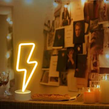Momkids Warm White Lightning Bolt Neon Lights Led Neon Signs Wall Decorations for Bedroom with Holder Desk Lamp LED Sign USB or Battery Operated Christmas lights for Kids Room Gifts Home Table Decor