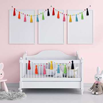 Syhood 3 Pcs Colorful Rainbow Boho Tassel Garland Pom Pom Classroom Garland Tassel Each 50'' Boho Decorative Banner for Baby Shower Kid Nursery Wall Decor Photography Prop(Rich Colors)