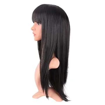 MapofBeauty 22 Inch/56 cm Women Long Straight with Flat Bangs Synthetic Hair Heat Resistant Fiber Hair for Party Cosplay Wig (Black)