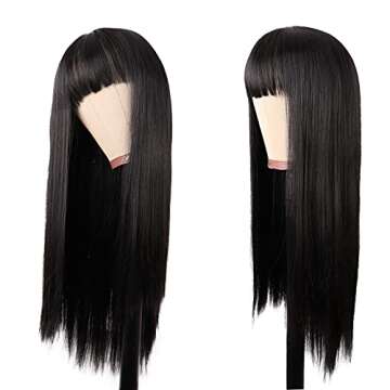 MapofBeauty 22 Inch/56 cm Women Long Straight with Flat Bangs Synthetic Hair Heat Resistant Fiber Hair for Party Cosplay Wig (Black)
