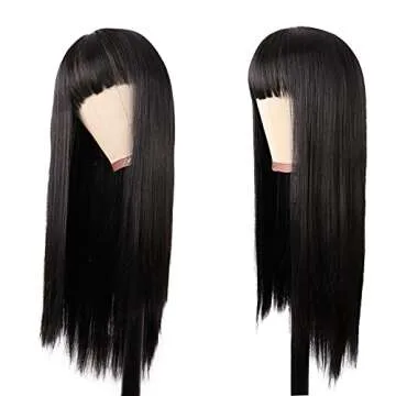 MapofBeauty 22 Inch/56 cm Women Long Straight with Flat Bangs Synthetic Hair Heat Resistant Fiber Hair for Party Cosplay Wig (Black)