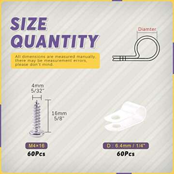 Swpeet 60 Pack White 1/4" Nylon Plastic R-Type Cable Clips Clamp Kit, Nylon Screw Mounting Cord Fast...