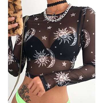 MIZOK Women's Long Sleeve See Through Sexy Shirts Print Mesh Crop Tops Tee (M,Black)