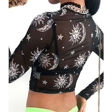 MIZOK Women's Long Sleeve See Through Sexy Shirts Print Mesh Crop Tops Tee (M,Black)