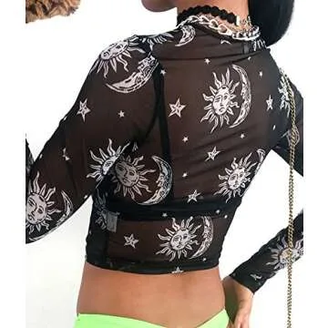 MIZOK Women's Long Sleeve See Through Sexy Shirts Print Mesh Crop Tops Tee (M,Black)