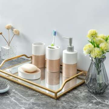 MyGift Deluxe 4 Piece Dual Tone White with Clay Stripe Ceramic Bathroom Accessories Set, Includes Soap Dish, Pump Dispenser, Tumbler Cup, and Toothbrush Holder