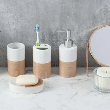 MyGift Deluxe 4 Piece Dual Tone White with Clay Stripe Ceramic Bathroom Accessories Set, Includes Soap Dish, Pump Dispenser, Tumbler Cup, and Toothbrush Holder