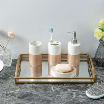 MyGift Deluxe 4 Piece Dual Tone White with Clay Stripe Ceramic Bathroom Accessories Set, Includes Soap Dish, Pump Dispenser, Tumbler Cup, and Toothbrush Holder