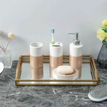 MyGift Deluxe 4 Piece Dual Tone White with Clay Stripe Ceramic Bathroom Accessories Set, Includes Soap Dish, Pump Dispenser, Tumbler Cup, and Toothbrush Holder