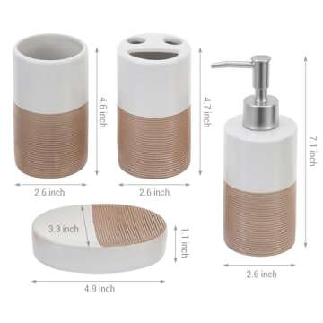 MyGift Deluxe 4 Piece Dual Tone White with Clay Stripe Ceramic Bathroom Accessories Set, Includes Soap Dish, Pump Dispenser, Tumbler Cup, and Toothbrush Holder