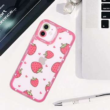 MZELQ Compatible with iPhone 12 Case Pink Strawberry Cute Pattern Soft TPU Case for Girls Women + 1* Screen Protector, Camera Hole Protective Phone Case