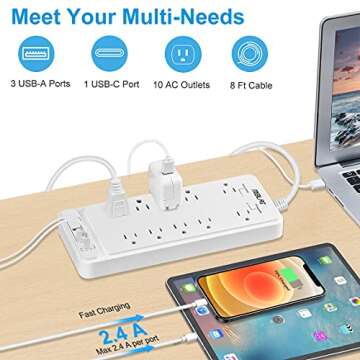 Power Strip Surge Protector with USB, Fast Charging Desktop USB C Power Strip Flat Plug with 10 AC O...
