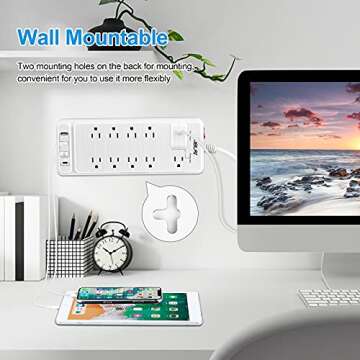 Power Strip Surge Protector with USB, Fast Charging Desktop USB C Power Strip Flat Plug with 10 AC Outlets 4 USB Ports, 1875W/15A, 8ft Extension Cords Outlet Strip for Home Office