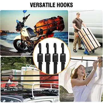 Bungee Cords with Hooks Heavy Duty, Flat Adjustable Bungee Cords with Hooks 40 Inch, Rubber Black Bungee Straps with Buckle Hooks for Outdoor, Camping, Tarps, Bike Rack, Tent, Truck, 4 Pack