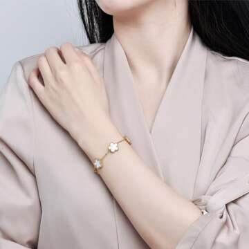 FLY FEI 18K Gold-Plated Four Leaf Clover Bracelet for Women,Adjustable lucky Bracelet Set Jewelry Gi...