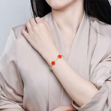 FLY FEI 18K Gold-Plated Four Leaf Clover Bracelet for Women,Adjustable lucky Bracelet Set Jewelry Gift-Hypoallergenic Charm for Birthdays, Wellness & Daily Wear(style06-Pink+Black+White+Golden+Blue+Red（6PCS）)