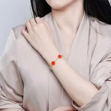 FLY FEI 18K Gold-Plated Four Leaf Clover Bracelet for Women,Adjustable lucky Bracelet Set Jewelry Gift-Hypoallergenic Charm for Birthdays, Wellness & Daily Wear(style06-Pink+Black+White+Golden+Blue+Red（6PCS）)