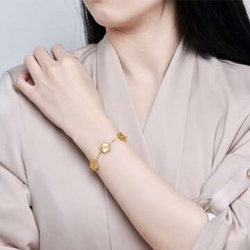 FLY FEI 18K Gold-Plated Four Leaf Clover Bracelet for Women,Adjustable lucky Bracelet Set Jewelry Gift-Hypoallergenic Charm for Birthdays, Wellness & Daily Wear(style06-Pink+Black+White+Golden+Blue+Red（6PCS）)