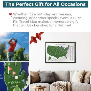 Push Pin Travel Maps Customizable Wall Art - Top Golf Courses USA Map - Rustic Black - Framed Pin Map, Includes 150 Pins - Handcrafted in USA - 27.5" x 39.5"