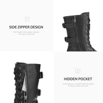 DREAM PAIRS Women's Combat Boots, Mid Calf Built-in Wallet Pocket Lace up Military Ankle Booties,Size 10,Black,TERRAN