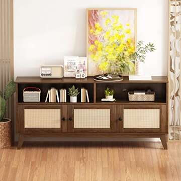 AWQM TV Stand for Living Room, Mid Century Modern TV Console, Rattan Entertainment Center with Stora...