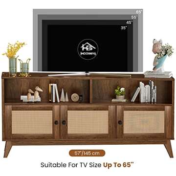 AWQM TV Stand for Living Room, Mid Century Modern TV Console, Rattan Entertainment Center with Storage and Open Shelves, Walnut
