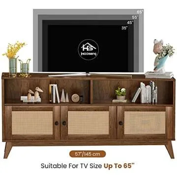 AWQM TV Stand for Living Room, Mid Century Modern TV Console, Rattan Entertainment Center with Storage and Open Shelves, Walnut