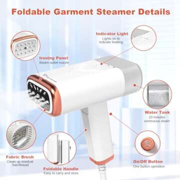 Foldable Handheld Steamer with Travel Case, 1000W 20S Fast Heat-up Portable Garment Steamer for Clot...