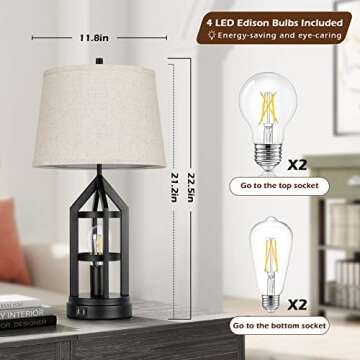 Farmhouse Table Lamps Set of 2 with USB Charging Ports