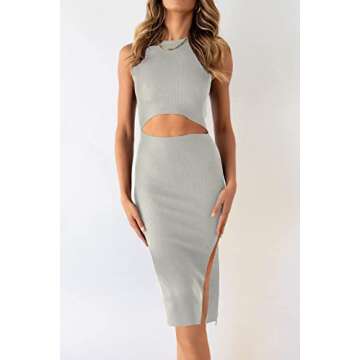 PRETTYGARDEN Women's Summer Midi Bodycon Dresses Casual Crew Neck Side Slit Sleeveless Knit Cut Out ...