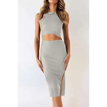 PRETTYGARDEN Women's Summer Midi Bodycon Dresses Casual Crew Neck Side Slit Sleeveless Knit Cut Out ...