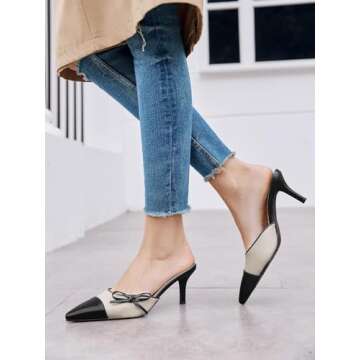 Coutgo Women's Bow Tie Mules Heels - Elegant & Comfortable Slip-On Shoes