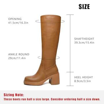 HEIFIN Platform Knee High Boots Women Brown Leather Tall Boots For Women Square Toe Chunky Block Hee...