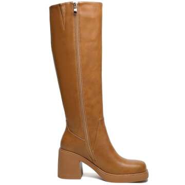 HEIFIN Platform Knee High Boots Women Brown Leather Tall Boots For Women Square Toe Chunky Block Heel Long Boots with Side Zipper