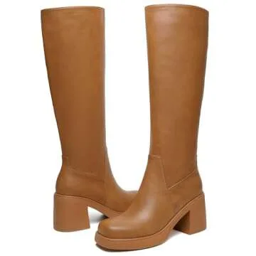 HEIFIN Platform Knee High Boots Women Brown Leather Tall Boots For Women Square Toe Chunky Block Heel Long Boots with Side Zipper